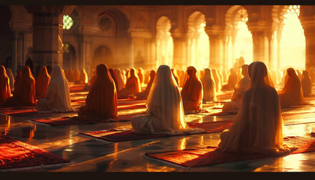 Muslim Women Praying in Mosque at Sunsetの素材