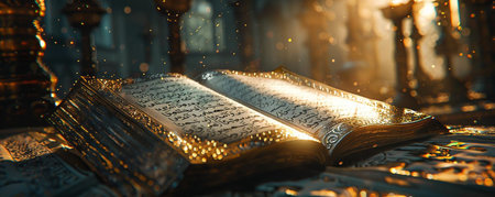 Open Quran Book with Glowing Illumination. The open pages of the Quran glow with a mystical light, the Arabic calligraphy casting a golden hue in a serene and contemplative setting.の素材