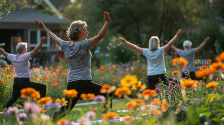 Photo pour A peaceful garden transformed into a yoga studio for seniors. Pairs of partners - image libre de droit