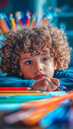 Close-up of a mixed ethnicity boy drawing with color pencils. his concentration palpable in the moody. background a blur of vibrant art suppliesの素材