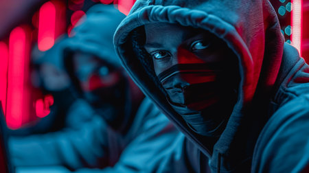 Hacker with Mask in Neon Lit Cybersecurity Room. Close-up of a masked individual in a hoodie, illuminated by a neon red and blue light, symbolizing cyber hacking and security.の素材