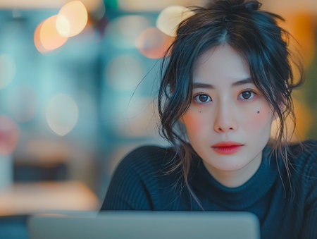 A woman with dark hair and red lipstick is sitting at a table with a laptop. She is focused on her work or browsing the internetの素材