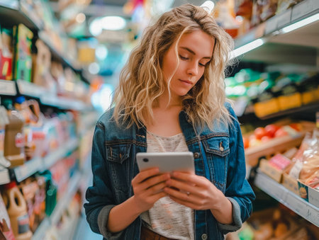 A woman is shopping in a grocery store and is looking at her tablet. She is wearing a blue jacket and has blonde hairの素材