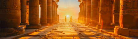 A long hallway with pillars and a sun shining through the windows. The sun is setting and the light is casting a warm glow on the pillarsの素材