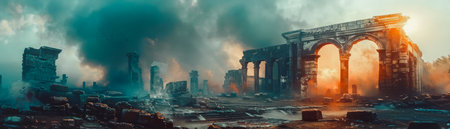 A desolate cityscape with a large archway in the middle. The sky is dark and smoggy, and the archway is surrounded by rubble. Scene is bleak and desolate, with a sense of abandonment and decayの素材