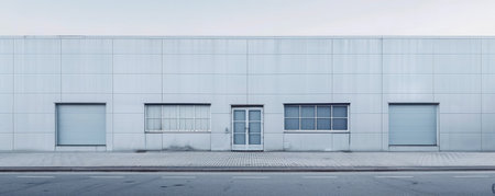 A large building with a door and windows. The building is grey and the sky is blueの素材
