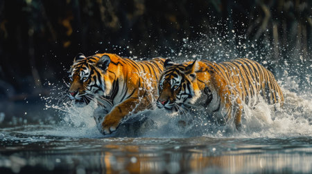 Two tigers are running through the water, splashing and playing. The scene is lively and energetic, with the tigers enjoying their time in the waterの素材