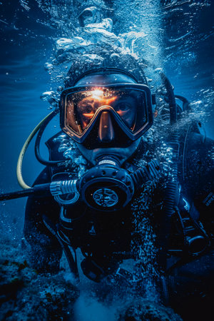 A man is underwater wearing a scuba suit and a mask. He is looking up at the cameraの素材