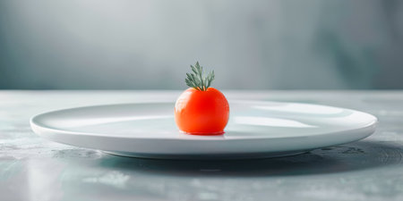A small tomato sits on a white plate. The plate is empty and the tomato is the only food item on itの素材