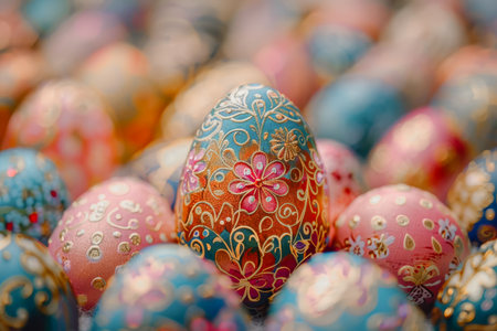 A bunch of colorful eggs with a flower design on one. The eggs are arranged in a row and are all different colorsの素材