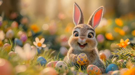 A cartoon rabbit is sitting in a field of Easter eggs. The rabbit is holding an egg in its mouth and he is happy. The scene is bright and cheerful, with the colorful eggsの素材