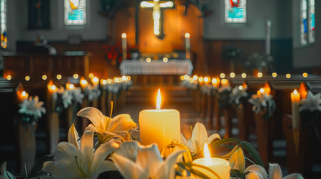 A lit candle is on a table in a church. The candle is surrounded by white flowers. The scene is peaceful and serene, with the candlelight creating a warm and inviting atmosphereの素材
