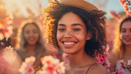 A woman with curly hair is smiling in a field of pink flowers. She is wearing a straw hat and a red tank top. The scene is bright and cheerful, with the pink flowers adding a pop of color to the imageの素材