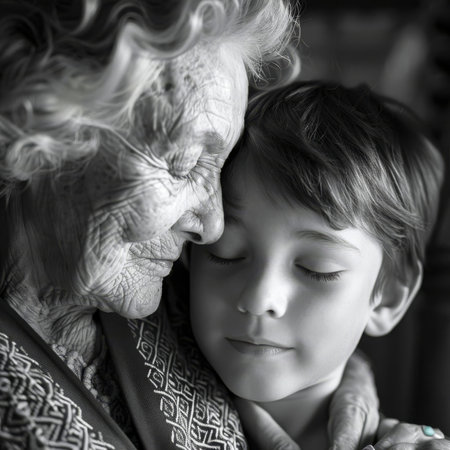 A woman and a young boy are hugging each other. Concept of warmth and love between the two generationsの素材