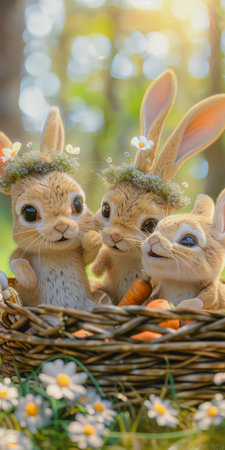 Three rabbits are sitting in a basket with carrots. The rabbits are wearing flower crowns and are smiling. The basket is placed on a grassy area with flowers nearbyの素材