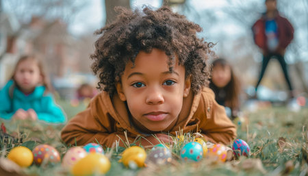 A young boy is laying on the grass with a bunch of Easter eggs around him. He looks like he is having fun and enjoying the eggsの素材
