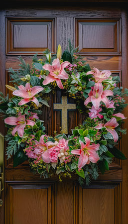 A wreath of pink flowers with a cross on it is hanging on a door. The flowers are arranged in a circle and the cross is in the center. The wreath is a beautifulの素材