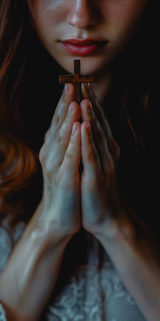 A woman is praying with her hands clasped and a wooden cross in her hands. Concept of devotion and faithの素材