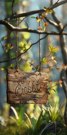 A sign hanging from a tree that says Happy Easter. The sign is wooden and has a rope hanging from itの素材