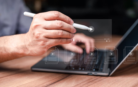 Man using hand and keyboard for streaming online on virtual screen, watching video on internet, live...