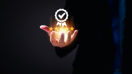 The business celebrates success with a five-star satisfaction rate, a reflection of outstanding quality and service as echoed in positive feedback and reviews.の写真素材