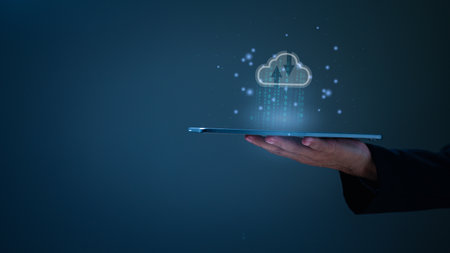 Realm of business technology, Cloud seamlessly connects servers, providing efficient networking and...