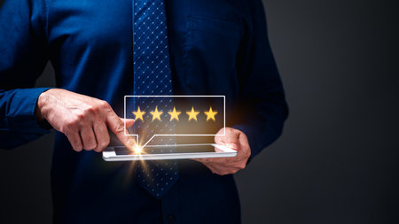 Achieving the pinnacle of excellence, the business earns a five-star review, a testament to its unparalleled service and quality that secures the highest ranking in customer satisfaction feedback.の写真素材
