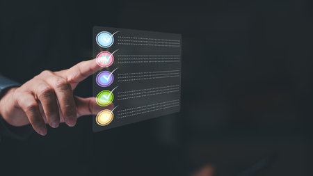 Businessman's pointed finger selects choices in business, marketing, and finance, navigating a wealth of information through a strategic diagram to make informed and decisive selections.の写真素材