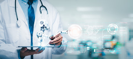 doctor man hold ai virtual screen lung for checking lung disease in laboratory of hospital. virtual...