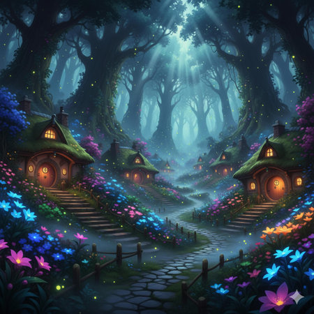 Fantasy landscape with magic forest and fairy houses. 3d illustrationの素材