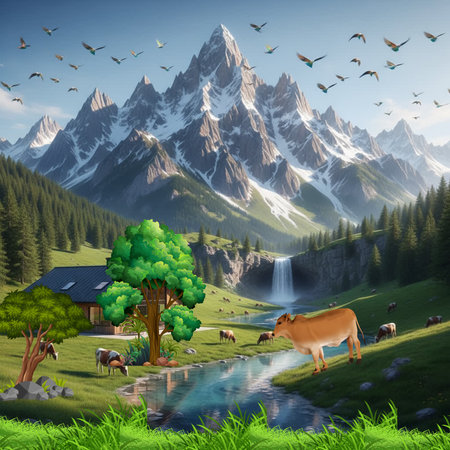 Mountain landscape with cows in the meadow and a mountain village.の写真素材