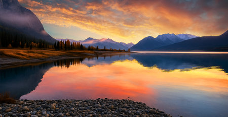 Mountains reflected in the lake at sunset, Alberta, Canada.の写真素材