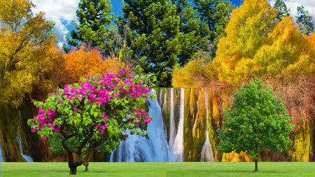 Tropical landscape with waterfall, trees and flowers in the parkの写真素材