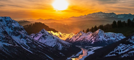 Sunset in the mountains. Panoramic view of the Alps.の写真素材