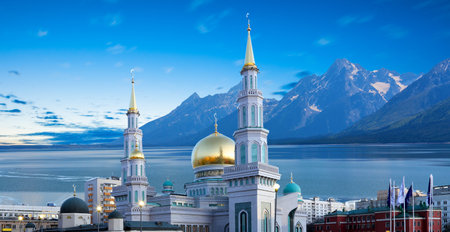 Beautiful panoramic view of the mosque on the background of the mountainsの写真素材