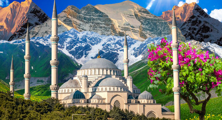View of the famous Blue Mosque in the middle of the mountains with flowers.の写真素材