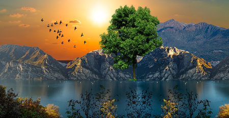 Beautiful sunset over Lake Garda, Italy. 3d renderingの写真素材