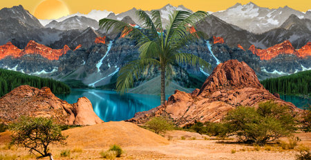 Beautiful mountain landscape with lake and palm tree in the foreground.の写真素材