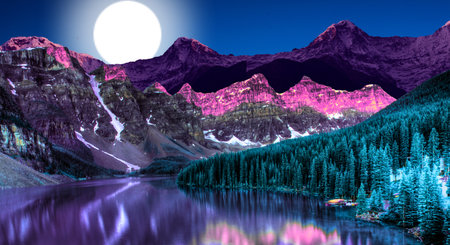 Beautiful mountain lake in the mountains at night. 3d renderingの写真素材
