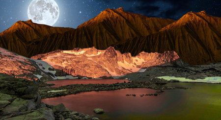 Mountain and lake at night. 3D illustrationの写真素材
