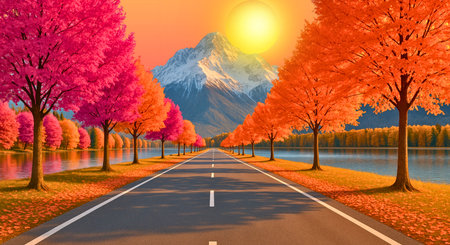 Beautiful autumn landscape with road and colorful trees. Vector illustration.の写真素材