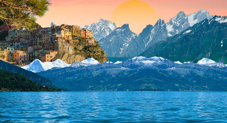 Panoramic view of Manarola (Liguria, Italy).の写真素材