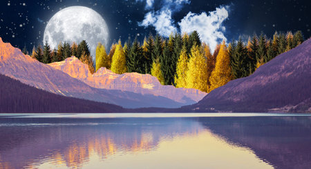 Fantastic landscape with mountains and lake in front of the full moonの写真素材