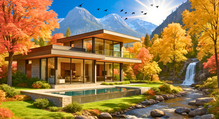 3d rendering of modern cozy house with pool and parking for sale or rent with beautiful forest on background. Clear sunny autumn day with blue sky.の写真素材