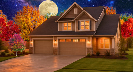 3D render of house with garage and full moon in the backgroundの写真素材