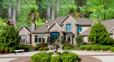 Luxury house in a park with flowerbeds and plantsの写真素材