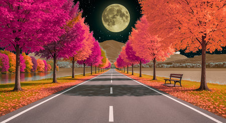 Autumn landscape with road and colorful trees in full moon light.の写真素材