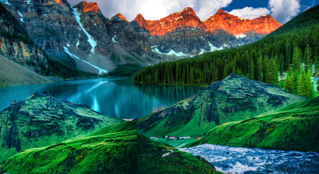 Mountain lake in the mountains. The concept of active and photo tourismの写真素材