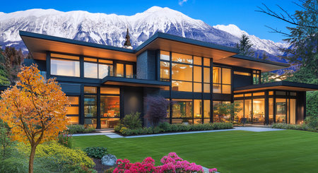 3d rendering of modern cozy house with parking and pool for sale or rent with beautiful landscaping on background. Cool autumn evening with golden leaves anywhere.の写真素材