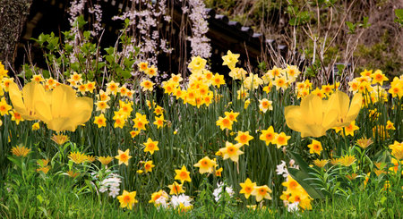 Daffodils, narcissus and daffodils in a gardenの写真素材